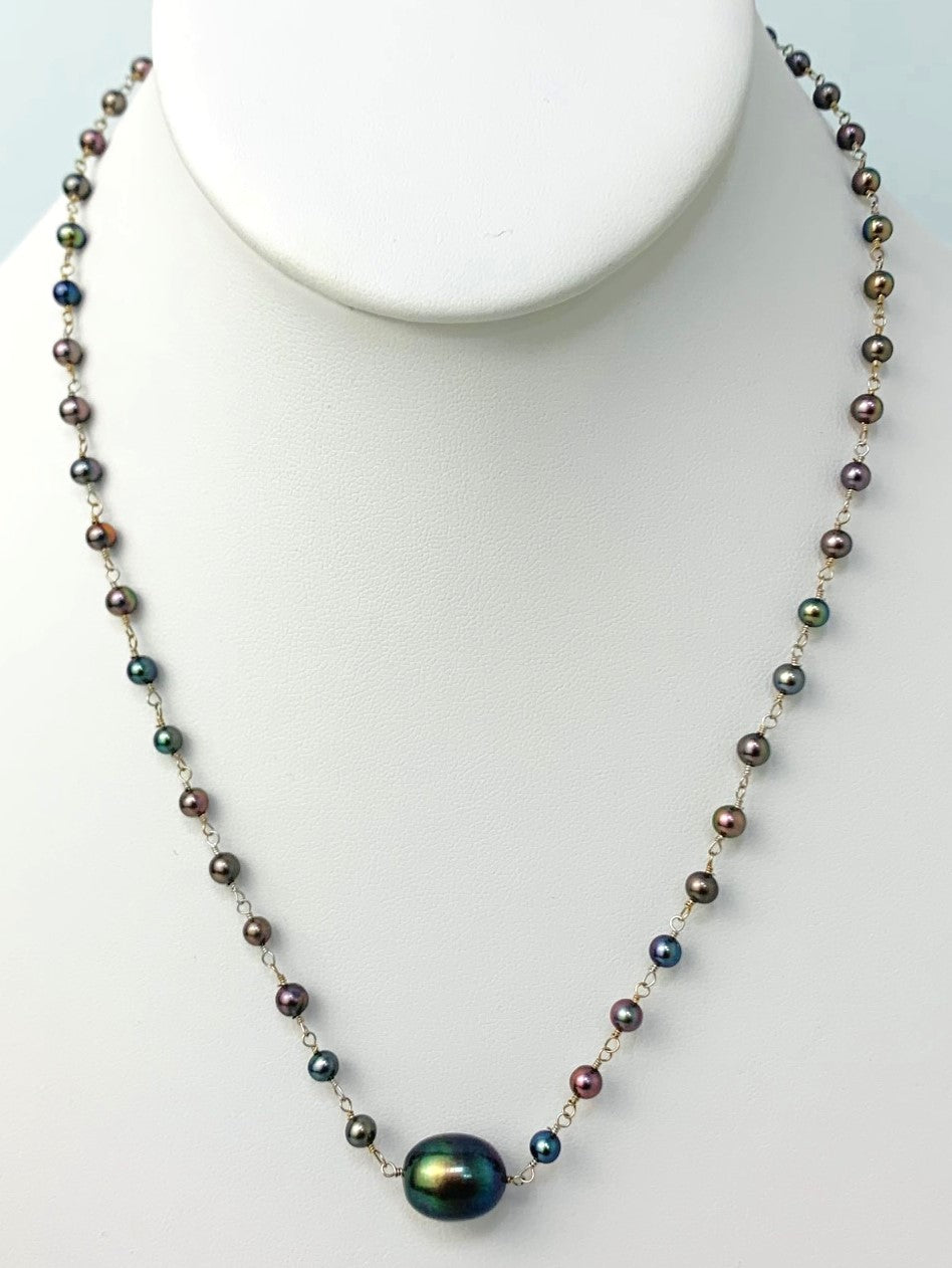 17" Peacock Dyed Freshwater Cultured Pearl Rosary Necklace With Center Accent in 14KW - NCK-208-ROSPRL14W-BLK-17