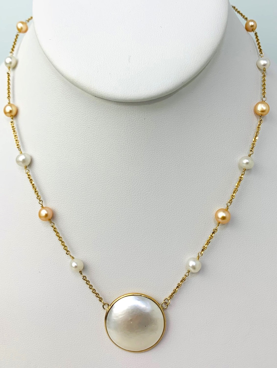 16" Pearl Station Necklace With Mabe Pearl Center in 14KY - NCK-211-TNCPRL14Y-WHYL-16