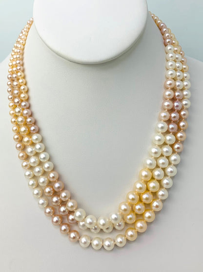 Clearance Sale! - 16" Triple Row Freshwater Pearl Necklace in 14KY - NCK-215-STGPRL14Y-PK-16
