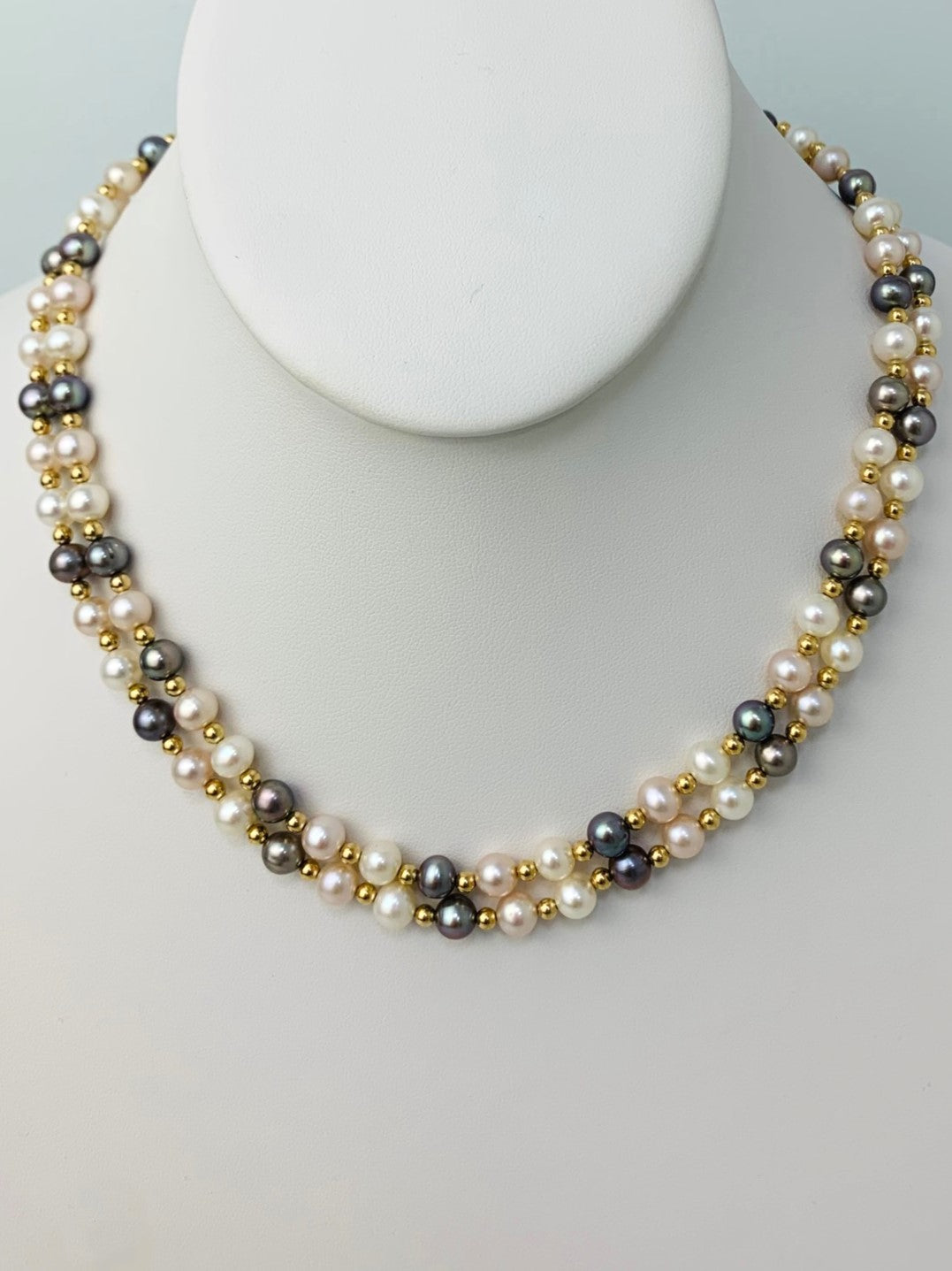 Clearance Sale! - 17" Double Row Freshwater Pearl And Gold Bead Necklace in 14KY - NCK-216-CRDPRL14Y-MLT-17