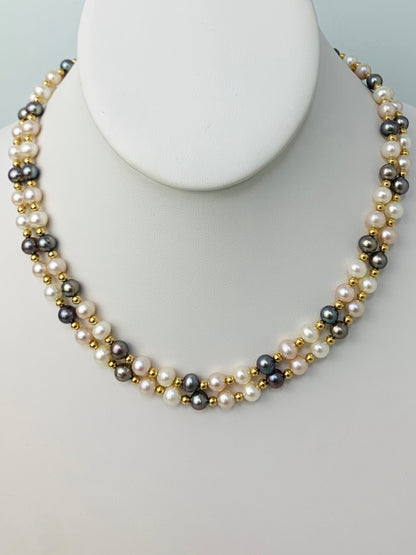 17" Double Row Freshwater Pearl And Gold Bead Necklace in 14KY - NCK-216-CRDPRL14Y-MLT-17