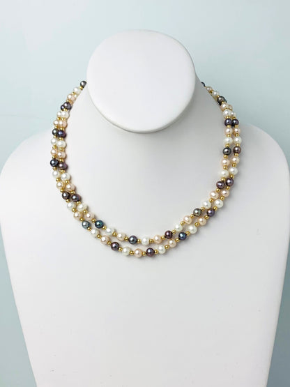 17" Double Row Freshwater Pearl And Gold Bead Necklace in 14KY - NCK-216-CRDPRL14Y-MLT-17