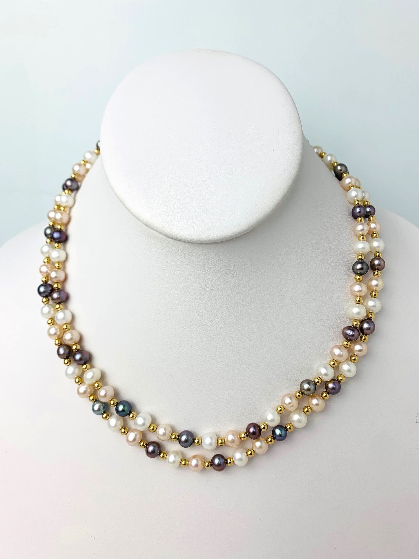 17" Double Row Freshwater Pearl And Gold Bead Necklace in 14KY - NCK-216-CRDPRL14Y-MLT-17