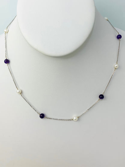 15" Amethyst And Pearl Station Necklace in 14KW - NCK-227-TNCPRLGM14W-WHAM-15