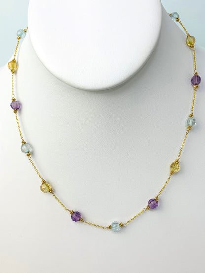 16 Inch Citrine, Amethyst, And Blue Topaz Station Necklace in 14KY - NCK-237-TNCGM14Y-MLTI-16
