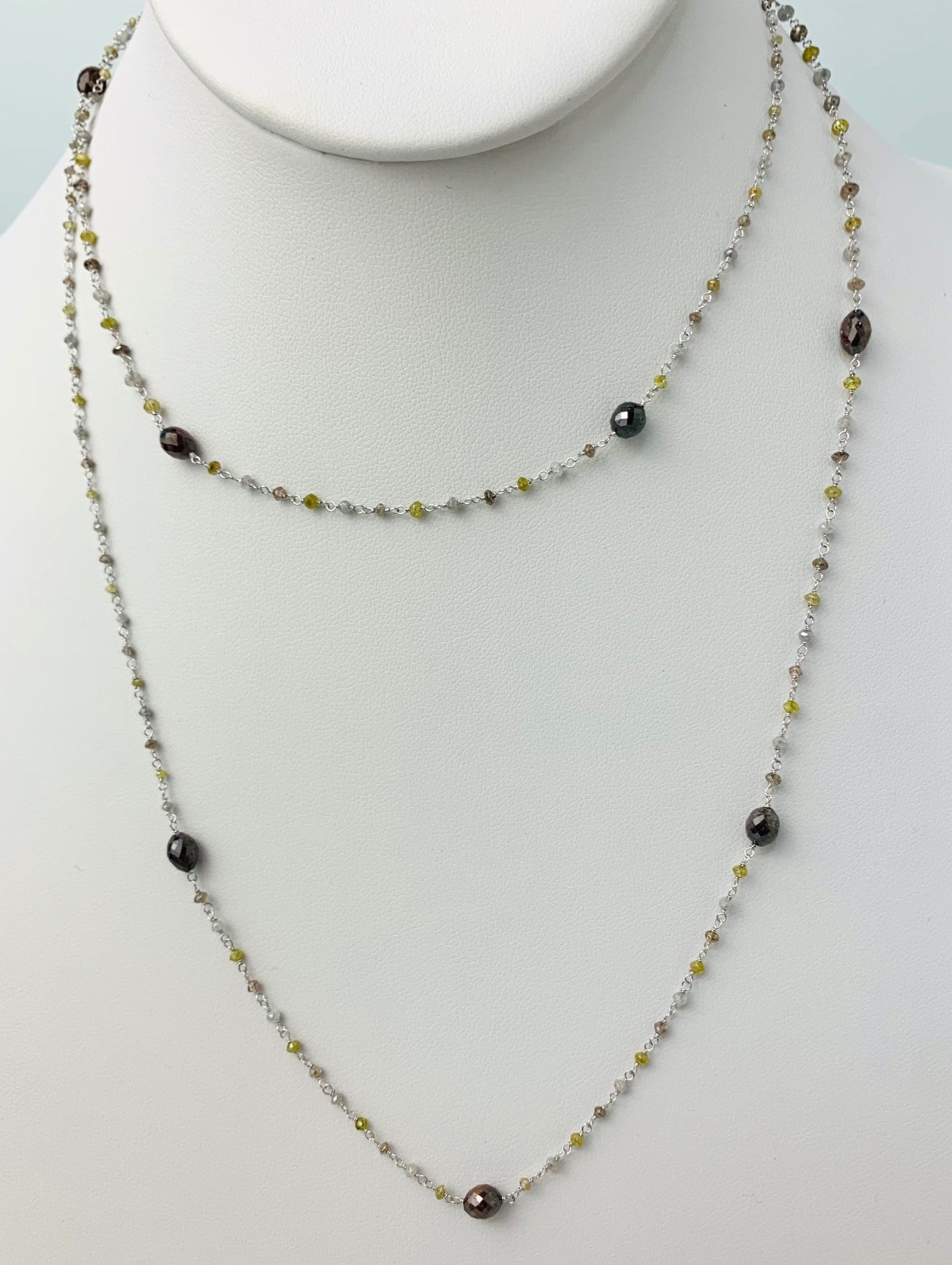 34" Grey And Yellow Diamond Rosary Necklace With Reddish Brown Briolette Accents in 14KW - NCK-265-ROSDIA14W-BRNYLGRY-34 13.20ctw