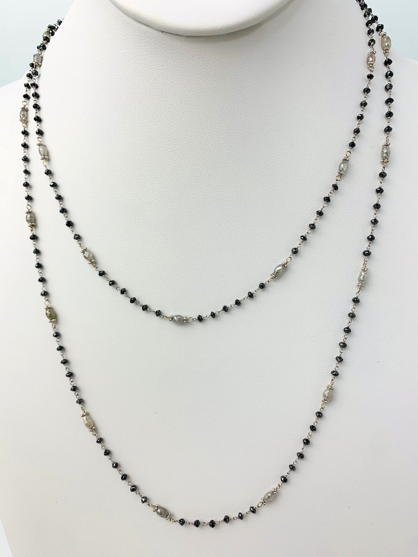 40" Black Diamond Rosary With Oval Grey Diamond And White Gold Rosary Accents in 14KW - NCK-267-ROSDIA14W-GRYBK-40
