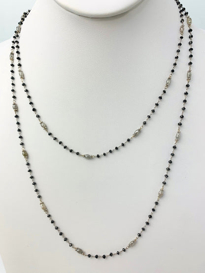 40" Black Diamond Rosary With Oval Grey Diamond And White Gold Rosary Accents in 14KW - NCK-267-ROSDIA14W-GRYBK-40