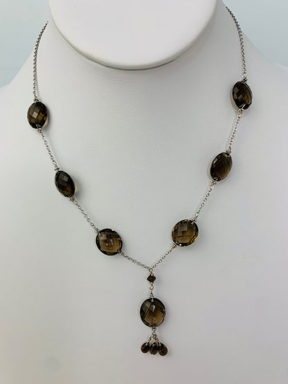 Clearance Sale! - 16-17" Smokey Quartz Station Necklace With Oval Checkerboard And 3 Briolette Tassel Drop in 14KW - NCK-369-TASTNCGM14W-SQ-17-SM