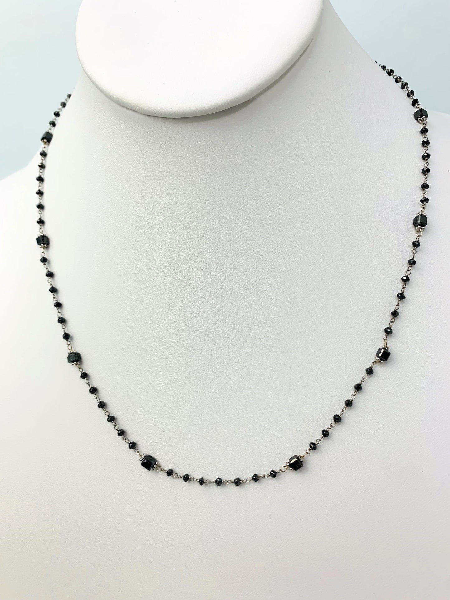 19" -37"  Black Diamond Rosary Necklace With Cube Diamond Accents in 14KW - NCK-270-ROSDIA14W-BK