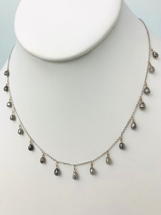 16" Grey Diamond Briolette Dangle Necklace in 18KW - NCK-298-DNGDIA18W-GRY-16