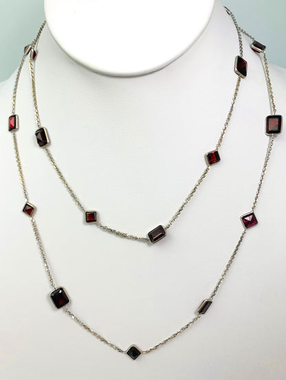 35" Emerald And Carre Cut Garnet Station Necklace in 14KW - NCK-319-BZGM14W-GNT-35