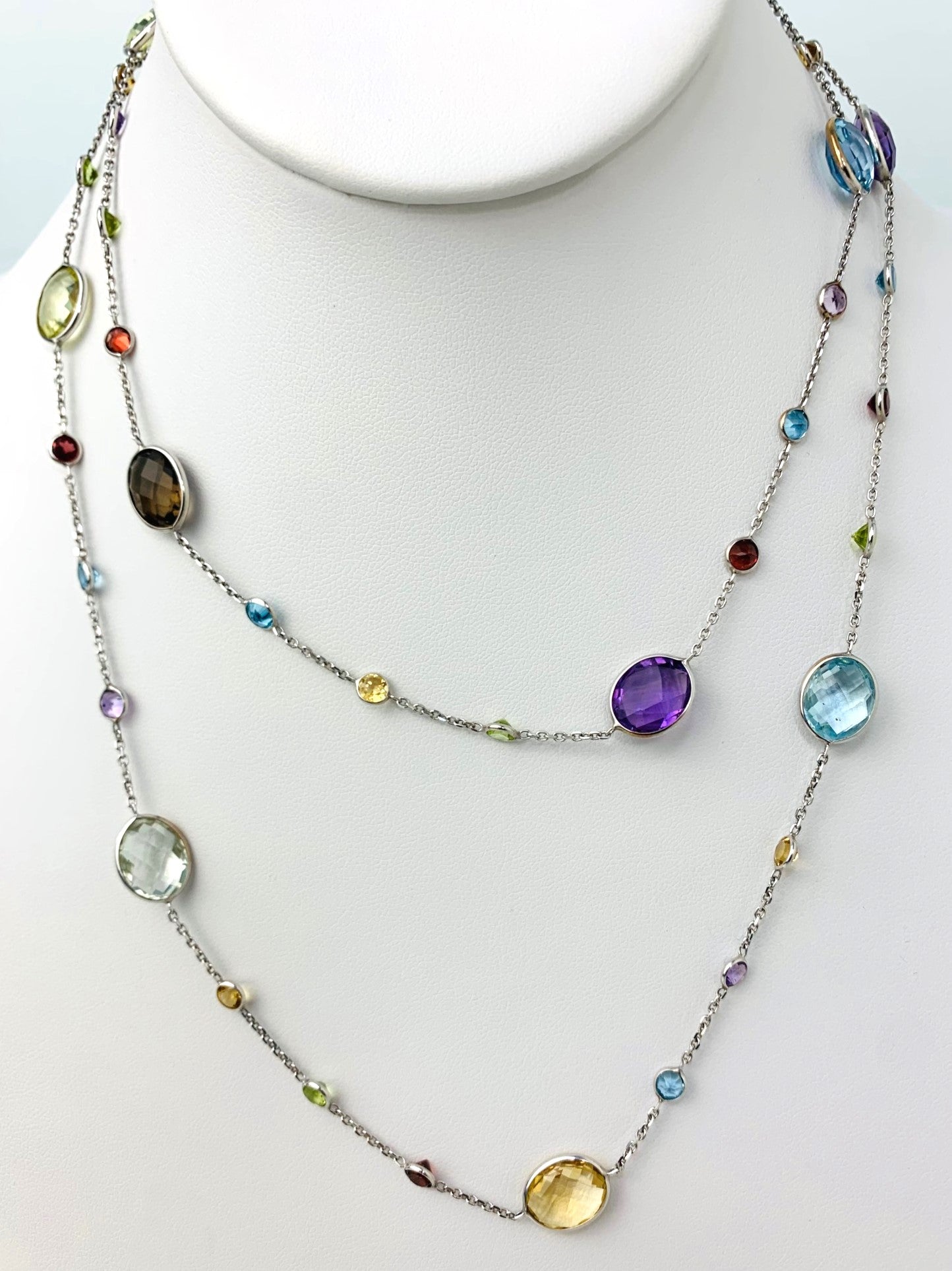 36" Multicolored Round And Oval Bezel Station Necklace in 14KW - NCK-322-BZGM14W-MLTI-36