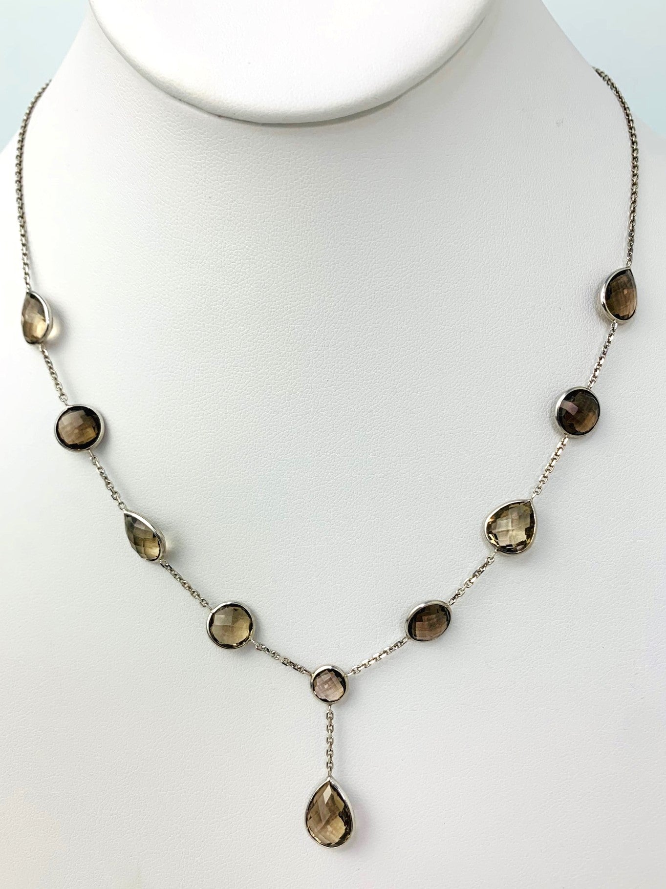 18" Smokey Quartz Lariat Bezel Necklace With Pear Drop in 14KW - NCK-323-BZGM14W-SQ-18