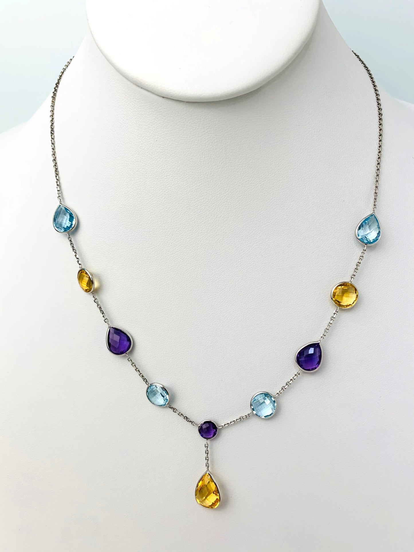 18" Multicolor Round And Pear Briolette Lariat Bezel Necklace With Pear Drop in 14KW - NCK-326-BZGM14W-MLTI-18