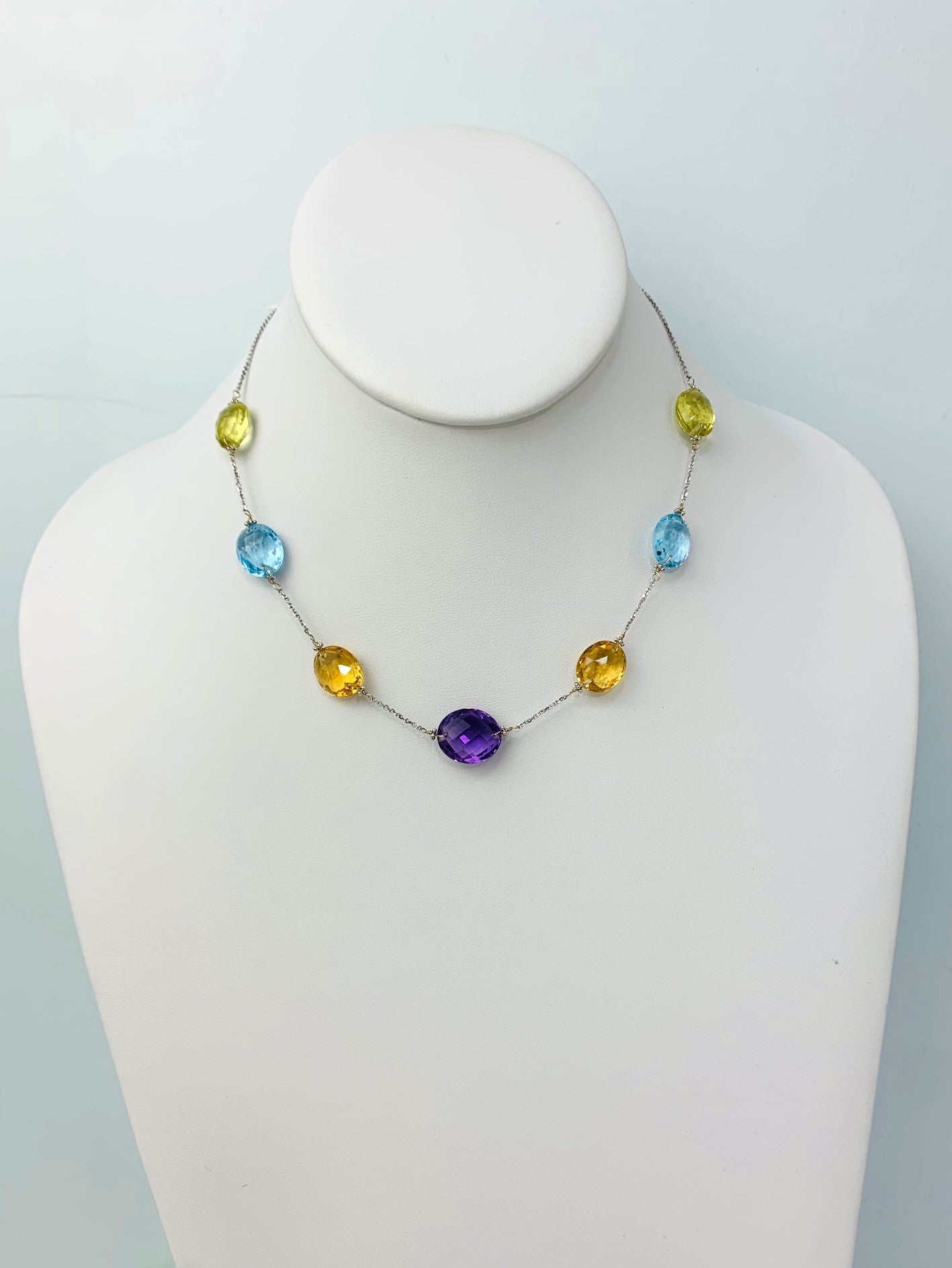17"-18" 7 Station Multicolored Rose Cut Oval Necklace in 14KW - NCK-340-TNCGM14W-MLTI-17A