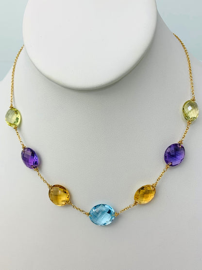 17" - 18" 7 Station Multicolored Rose Cut Oval Necklace in 14KY - NCK-341-TNCGM14Y-MLTI-17A