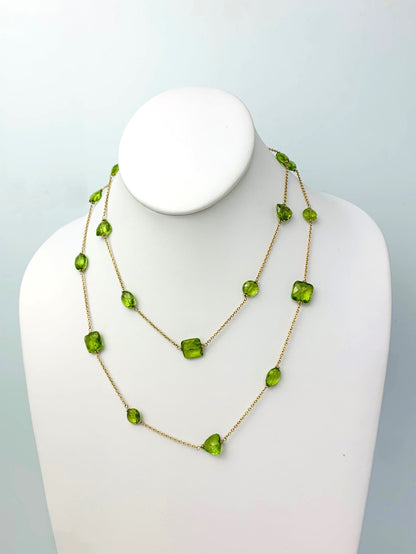Clearance Sale! - 36" Peridot Round, Oval, Trilliant And Rectangular Checkerboard Bead Station Necklace in 14KY - NCK-349-TNCGM14Y-PDT-36