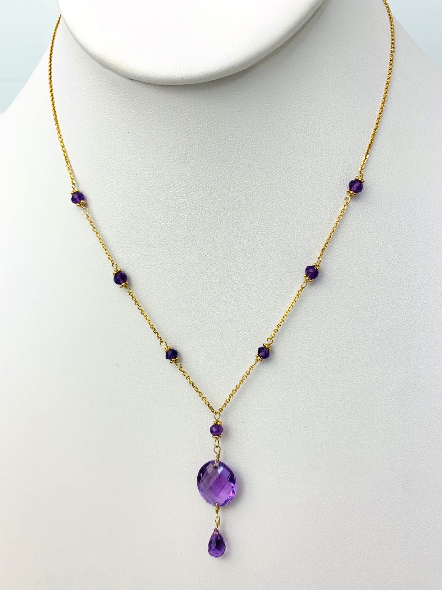 16-17" Amethyst Station Necklace With Oval Checkerboard And Briolette Lariat Drop in 14KY - NCK-350-TNCDRPGM14Y-AM-17