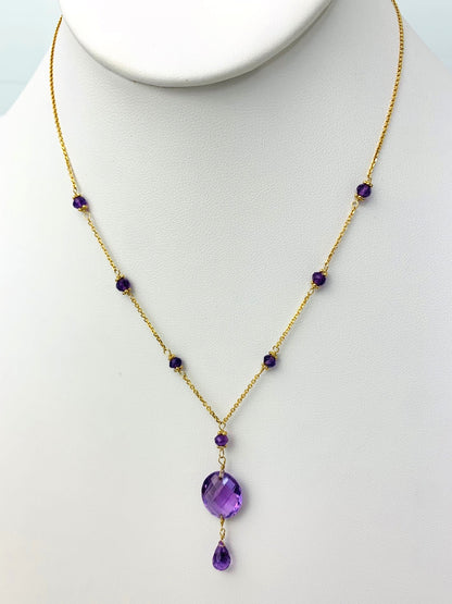 16-17" Amethyst Station Necklace With Oval Checkerboard And Briolette Lariat Drop in 14KY - NCK-350-TNCDRPGM14Y-AM-17