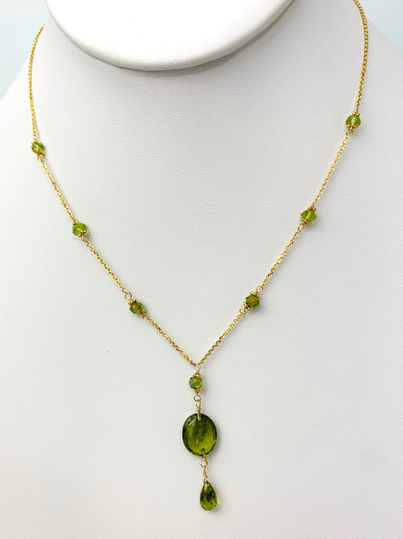 16-17" Peridot Station Necklace With Oval Checkerboard And Briolette Lariat Drop in 14KY - NCK-351-TNCDRPGM14Y-PDT-17