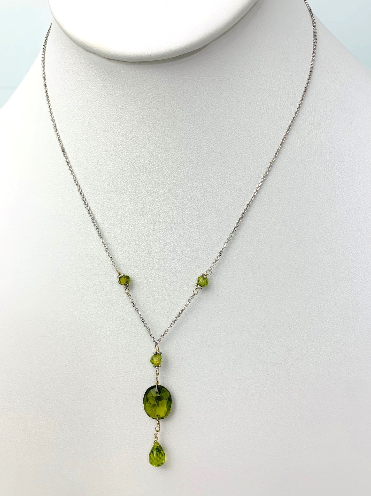 16-17" Peridot Station Necklace With Oval Checkerboard And Briolette Lariat Drop in 14KW - NCK-351-TNCDRPGM14W-PDT-17