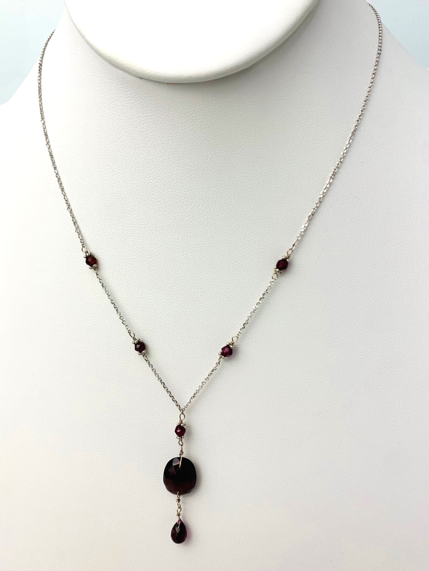 16-17" Garnet Station Necklace With Oval Checkerboard And Briolette Lariat Drop in 14KW - NCK-352-TNCDRPGM14W-GNT-17