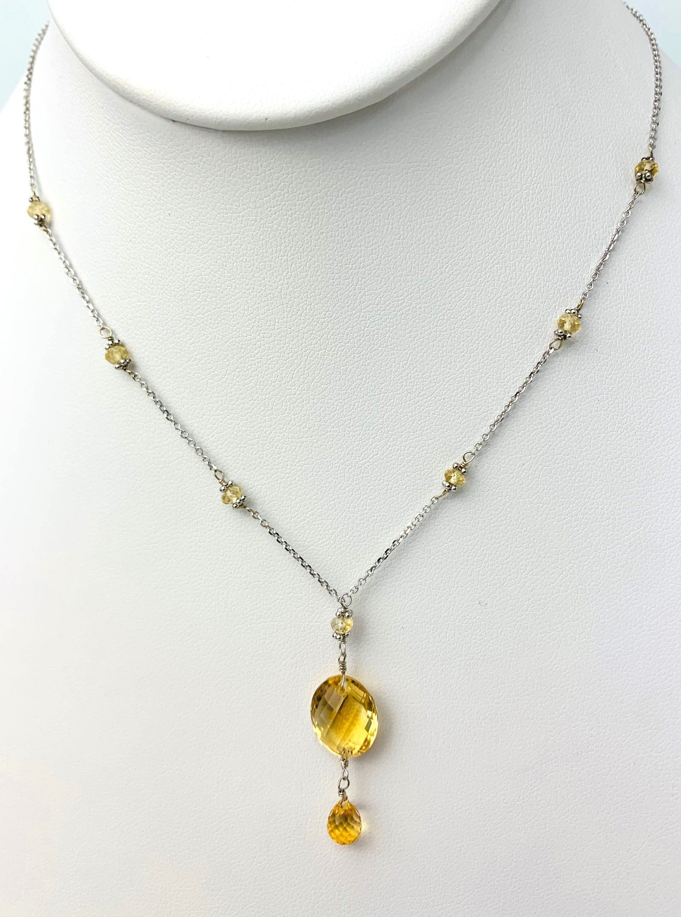 16-17" Citrine Station Necklace With Oval Checkerboard And Briolette Lariat Drop in 14KW - NCK-353-TNCDRPGM14W-CIT-17