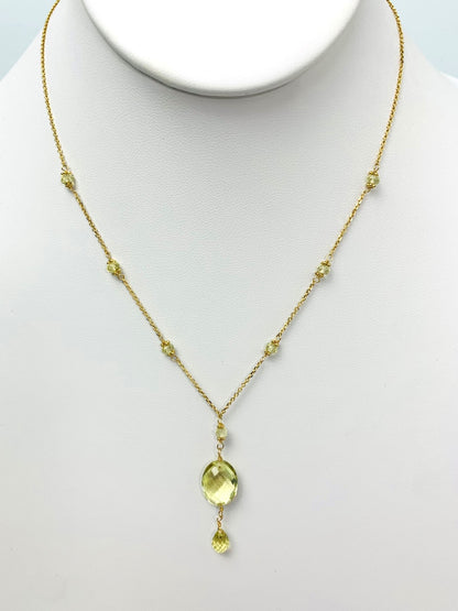 16-17" Lemon Quartz Station Necklace With Oval Checkerboard And Briolette Lariat Drop in 14KY - NCK-354-TNCDRPGM14Y-LQ-17