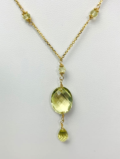 16-17" Lemon Quartz Station Necklace With Oval Checkerboard And Briolette Lariat Drop in 14KY - NCK-354-TNCDRPGM14Y-LQ-17