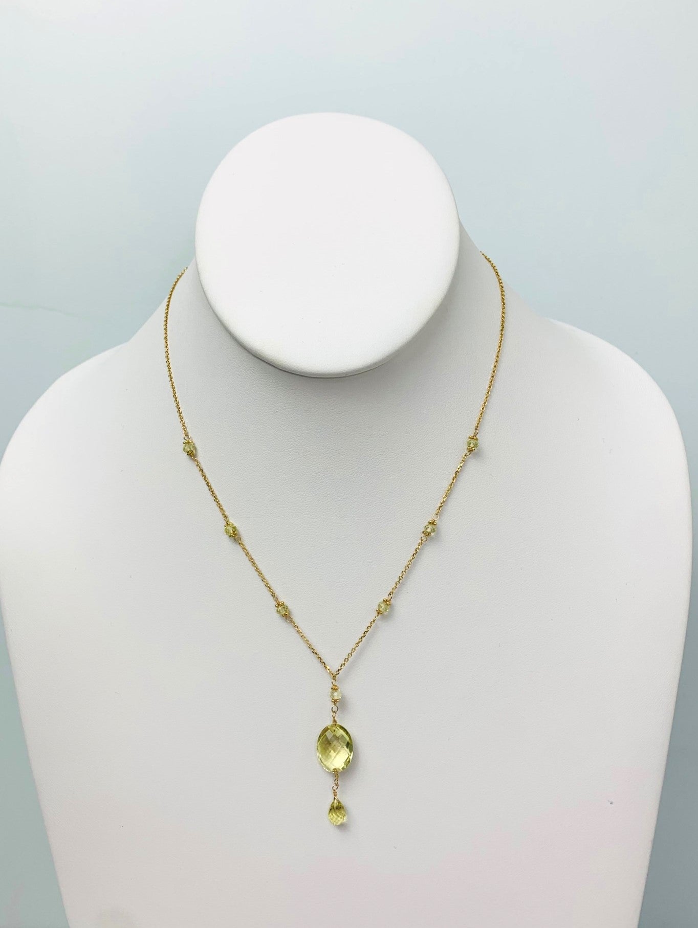 16-17" Lemon Quartz Station Necklace With Oval Checkerboard And Briolette Lariat Drop in 14KY - NCK-354-TNCDRPGM14Y-LQ-17