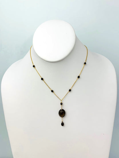 15-16 Inch Smokey Quartz Station Necklace With Oval Checkerboard And Briolette Lariat Drop in 14KY - NCK-358-TNCDRPGM14Y-SQ-16