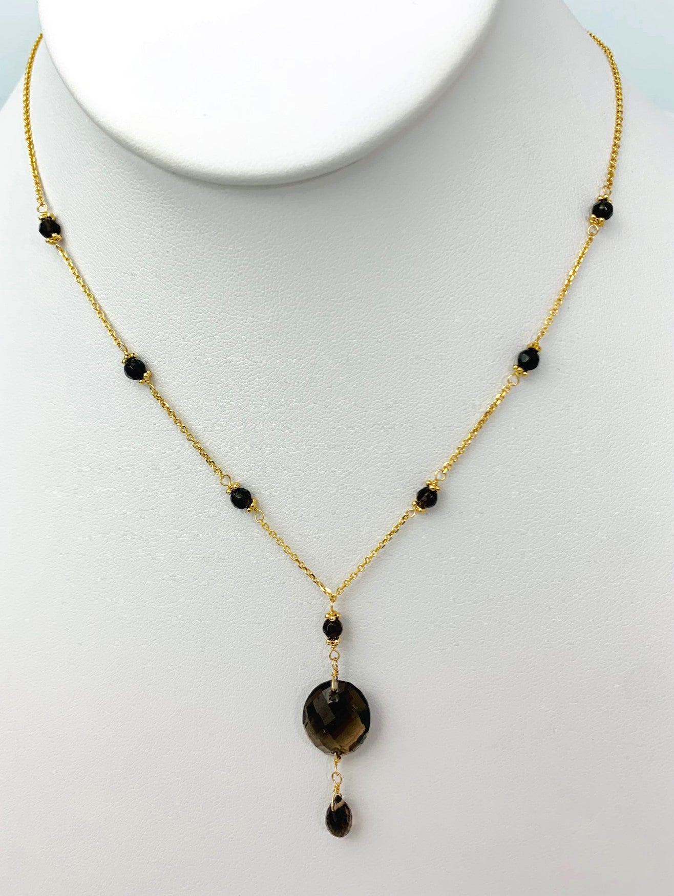 15-16 Inch Smokey Quartz Station Necklace With Oval Checkerboard And Briolette Lariat Drop in 14KY - NCK-358-TNCDRPGM14Y-SQ-16