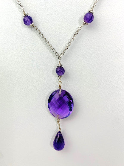 16-17"  Amethyst Station Necklace With Oval Checkerboard And Briolette Lariat Drop in 14KW - NCK-360-TNCDRPGM14W-AMY-17