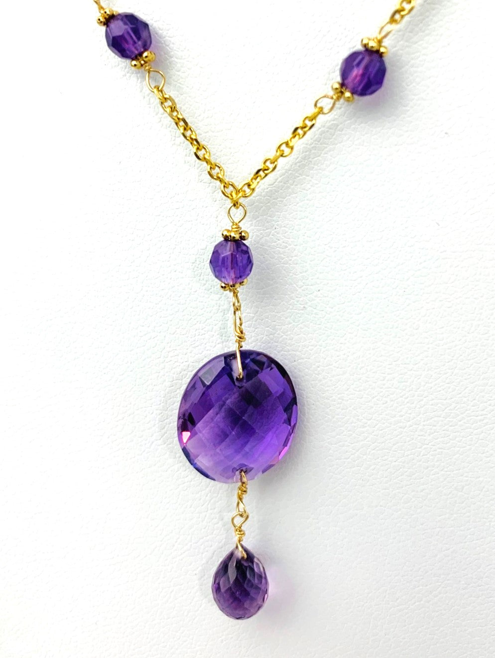 16-17" Amethyst Station Necklace With Oval Checkerboard And Briolette Lariat Drop in 14KY - NCK-360-TNCDRPGM14Y-AMY-17