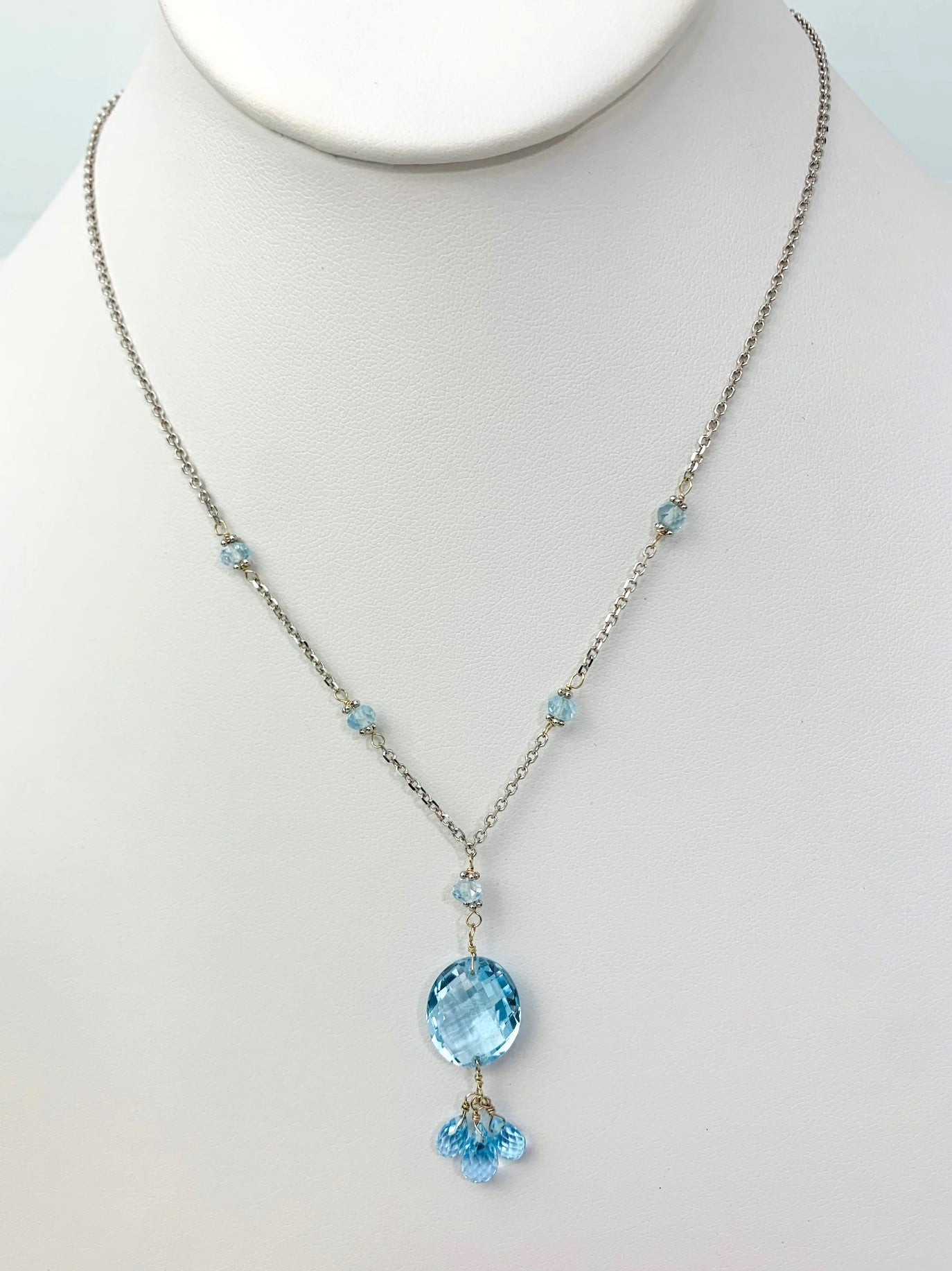 15-16" Blue Topaz Station Necklace With Oval Checkerboard And 3 Briolette Tassel Drop in 14KW - NCK-363-TASTNCGM14W-BT-16