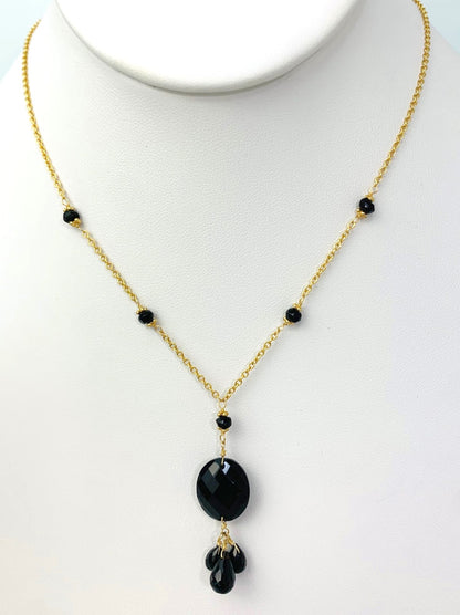 15-16" Onyx Station Necklace With Oval Checkerboard And 3 Briolette Tassel Drop in 14KY - NCK-364-TASTNCGM14Y-OX-16