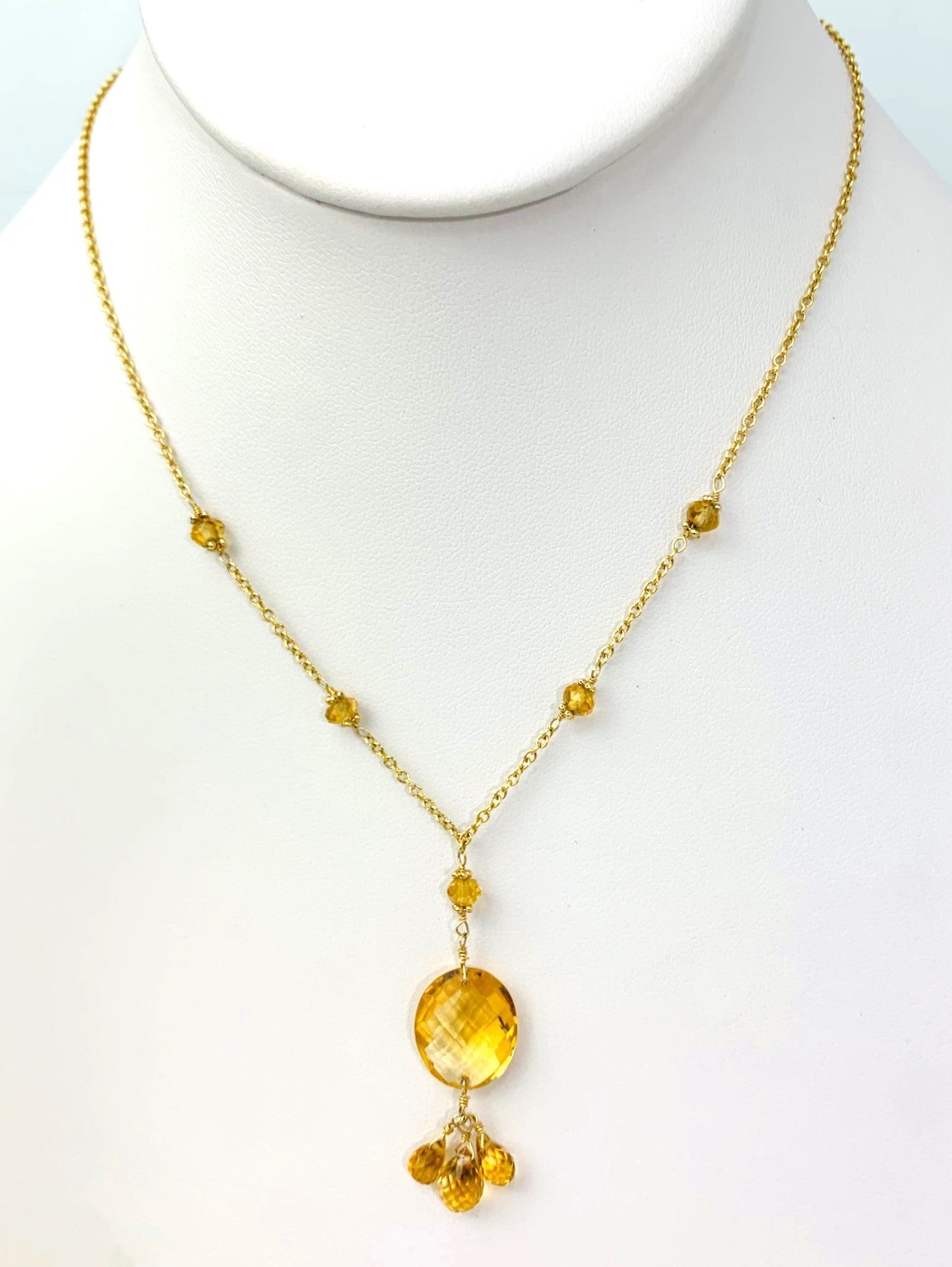 15-16" Citrine Station Necklace With Oval Checkerboard And 3 Briolette Tassel Drop in 14KY - NCK-366-TASTNCGM14Y-CIT-16