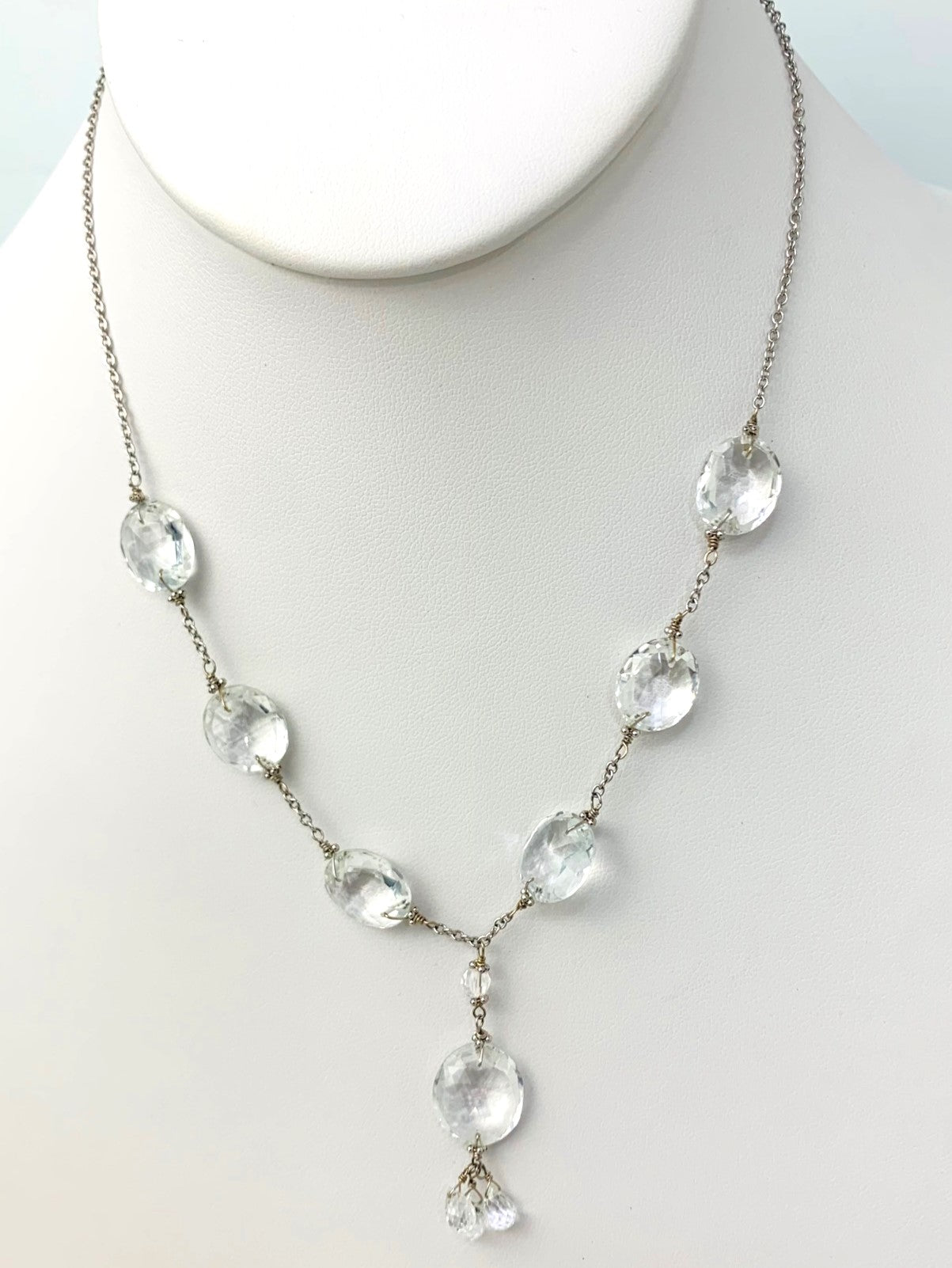 Clearance Sale! - 16-17" Crystal Quartz Station Necklace With Oval Checkerboard And 3 Briolette Tassel Drop in 14KW - NCK-368-TASTNCGM14W-CRY-17