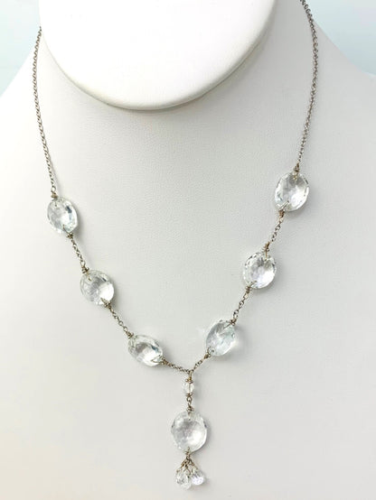 Clearance Sale! - 16-17" Crystal Quartz Station Necklace With Oval Checkerboard And 3 Briolette Tassel Drop in 14KW - NCK-368-TASTNCGM14W-CRY-17