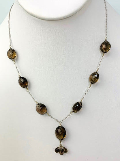 Clearance Sale! - 16-17" Smokey Quartz Station Necklace With Oval Checkerboard And 3 Briolette Tassel Drop in 14KW - NCK-369-TASTNCGM14W-SQ-17-SM