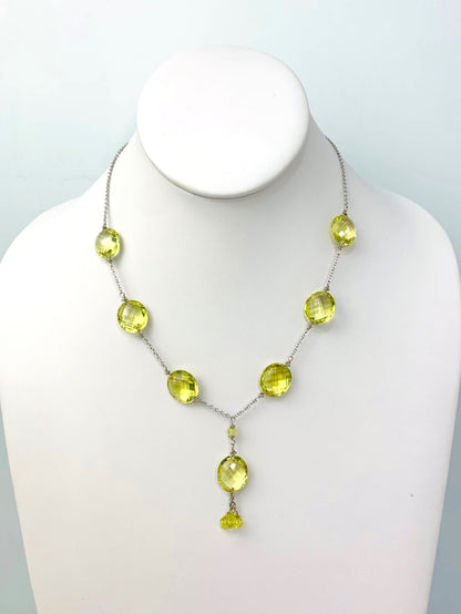 Clearance Sale! - 16-17" Lemon Quartz Station Necklace With Oval Checkerboard And 3 Briolette Tassel Drop in 14KW - NCK-370-TASTNCGM14W-LQ-17-SM