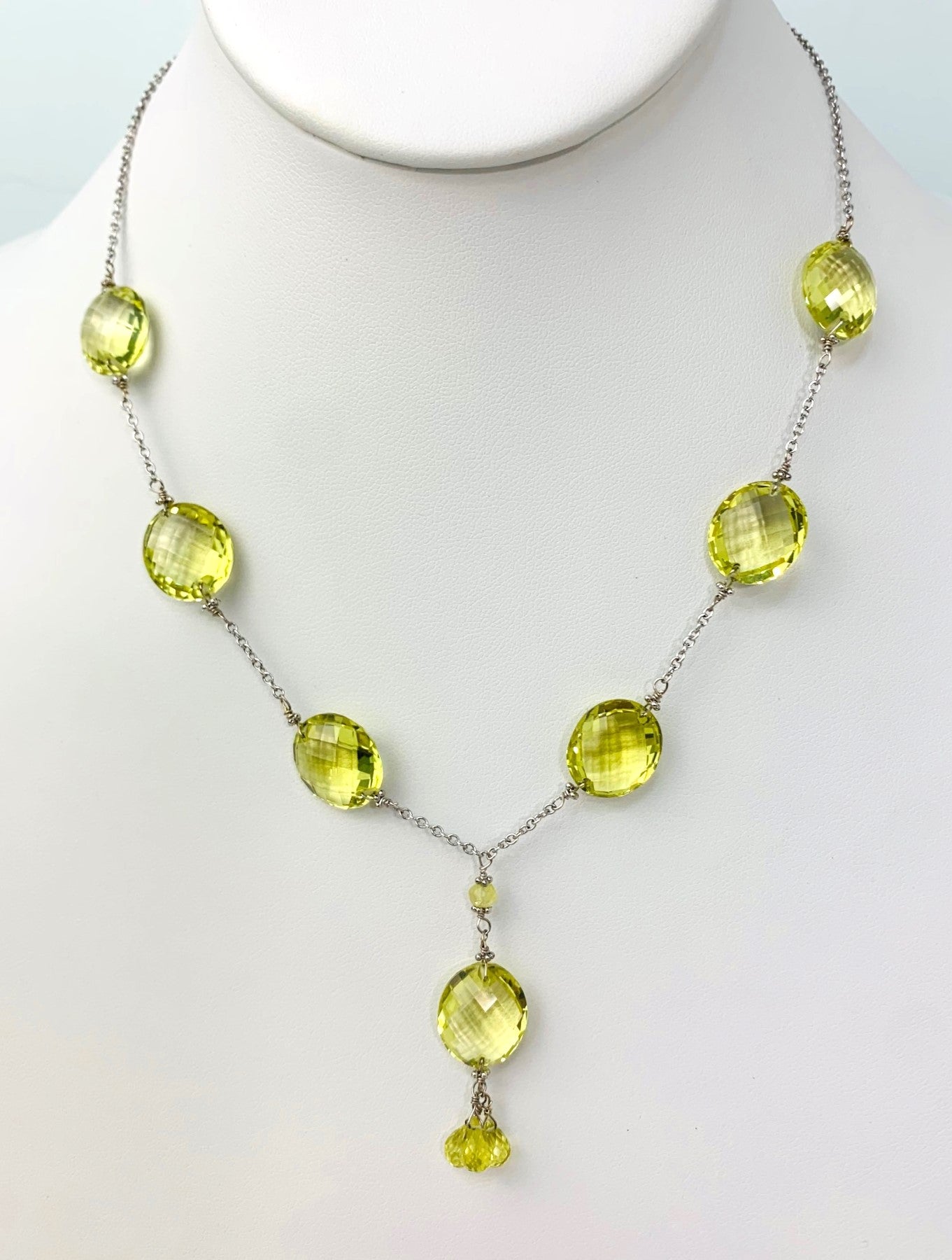 Clearance Sale! - 16-17" Lemon Quartz Station Necklace With Oval Checkerboard And 3 Briolette Tassel Drop in 14KW - NCK-370-TASTNCGM14W-LQ-17-SM