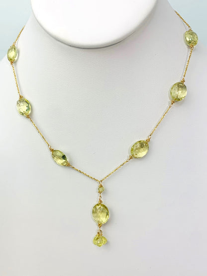 Clearance Sale! - 16-17" Lemon Quartz Station Necklace With Oval Checkerboard And 3 Briolette Tassel Drop in 14KY - NCK-370-TASTNCGM14Y-LQ-17-SM