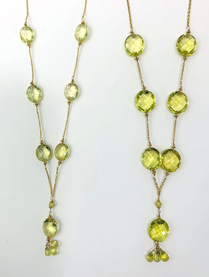 Clearance Sale! - 16-17" Lemon Quartz Station Necklace With Oval Checkerboard And 3 Briolette Tassel Drop in 14KY - NCK-370-TASTNCGM14Y-LQ-17-SM