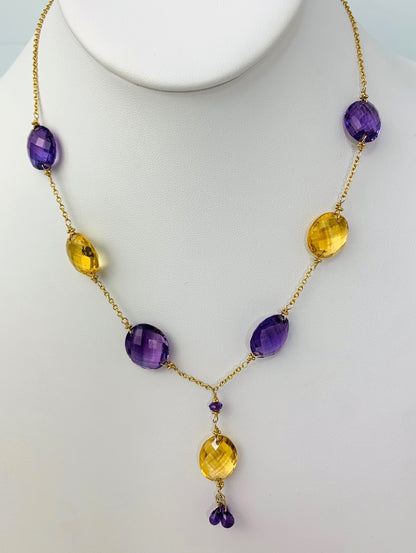 Clearance Sale! - 16-17" Amethyst And Citrine Station Necklace With Oval Checkerboard And 3 Briolette Tassel Drop in 14KY - NCK-373-TASTNCGM14Y-CITAMY-17