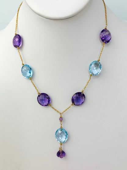 Clearance Sale! - 17-18" Blue Topaz And Amethyst Station Necklace With Oval Checkerboard And 3 Briolette Tassel Drop in 14KY - NCK-377-TASTNCGM14Y-BTAMY-18