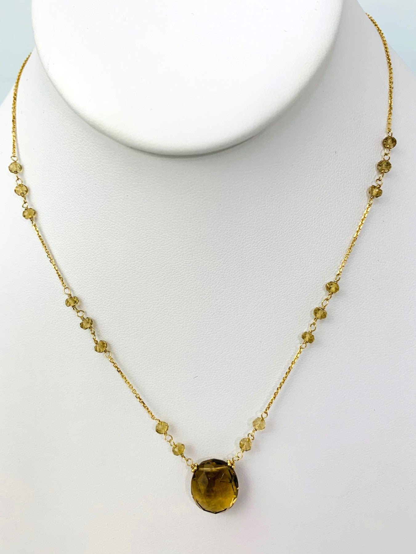 Clearance Sale! - 16-17" Honey Quartz Station Necklace With Oval Center in 14KY - NCK-380-TNCGM14Y-HQ-17