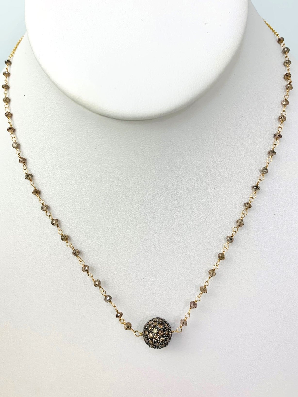 16" Brown Diamond Rosary Necklace With Blackened Silver Pave Diamond Ball Center in 14KY, SS - NCK-389-DCOROSDIA14YSS-BRN-16 7ctw