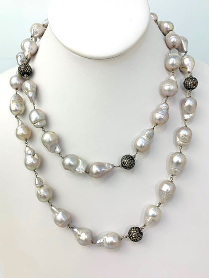 39" Freshwater Grey Baroque Pearl And Blackened Silver Pave Diamond Bead Rosary Necklace in 14KW, SS - NCK-392-DCOROSDIAPRL14WSS-GRY-39 7.2ctw
